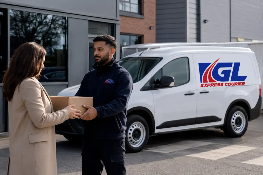 GL Delivery courier collecting a parcel from a business customer in Birmingham