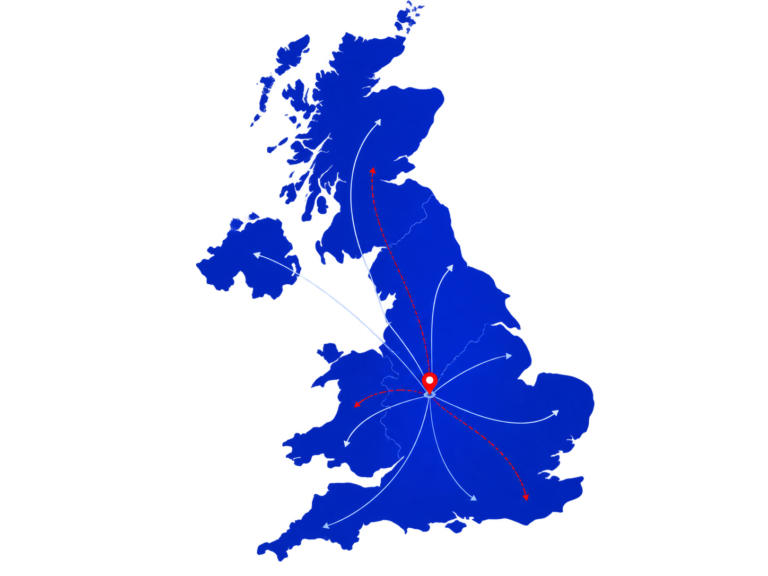 GL Delivery UK coverage map showing Birmingham and nationwide courier coverage